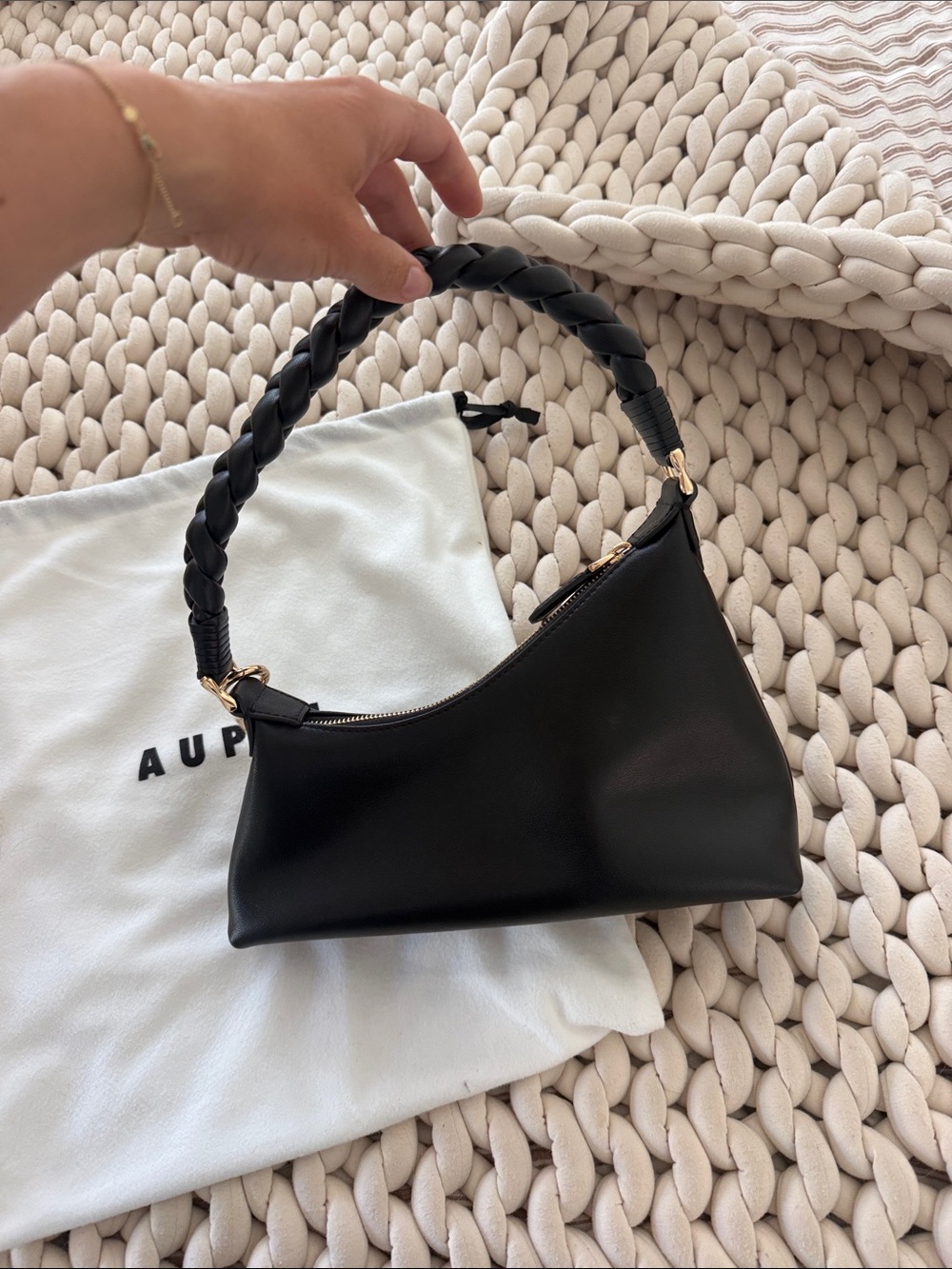 Aupen Black Braided-Handle Shoulder Bag with Gold Hardware - Picture 2 of 5